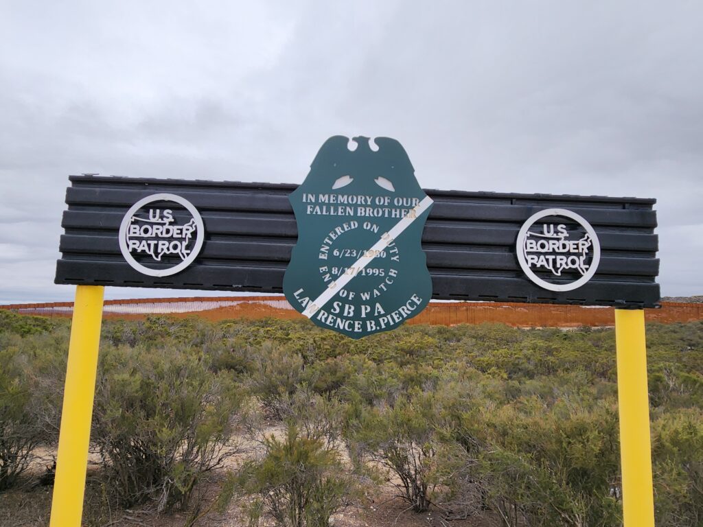 Memorial sign honoring Supervisory Border Patrol Agent Lawrence B. Pierce, Jr. along the U.S.–Mexico border near Lakeside Sportsmans Club